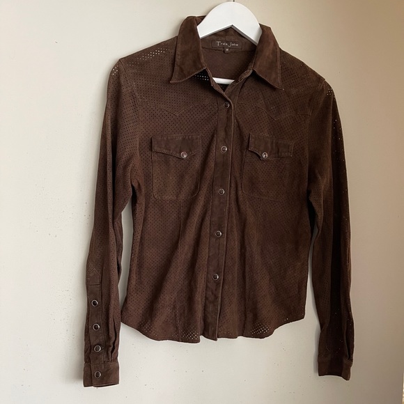 TRES JOLIE Suede Perforated Button Down - Picture 1 of 3